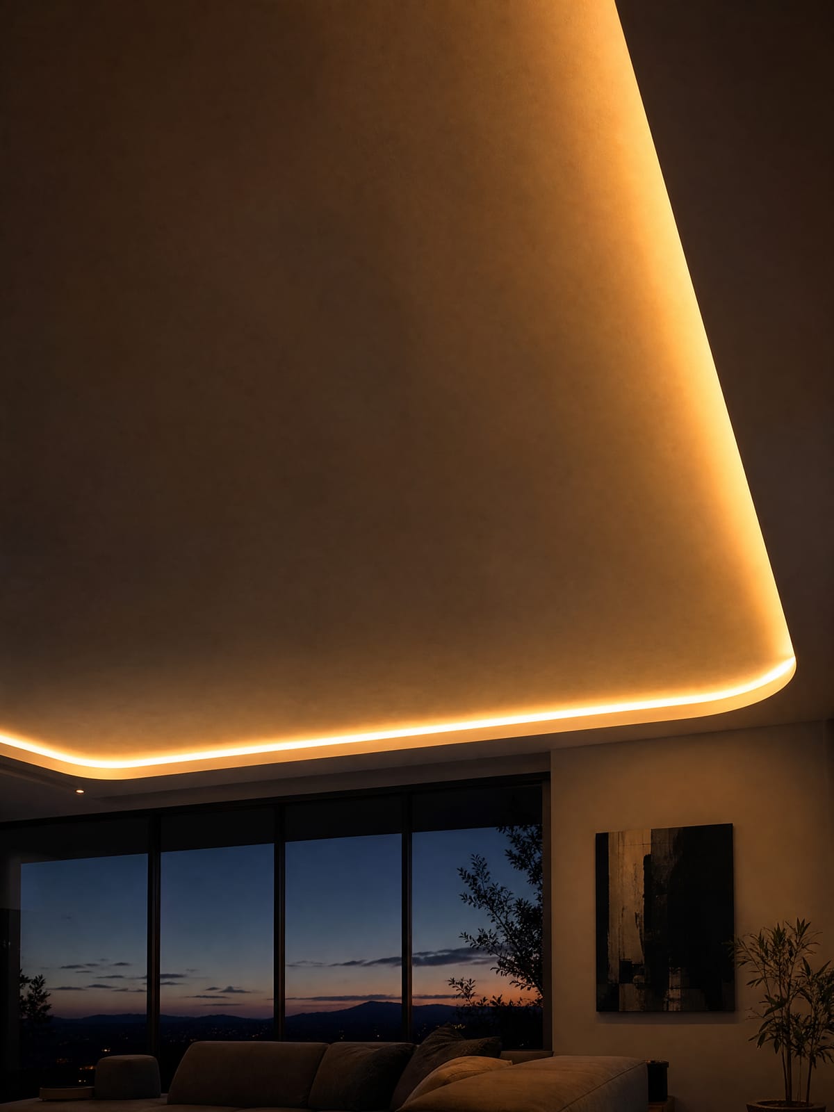 LED cove lighting in a plaster ceiling LED profile lighting recessed into a plaster ceiling cove, washing warm light across the ceiling