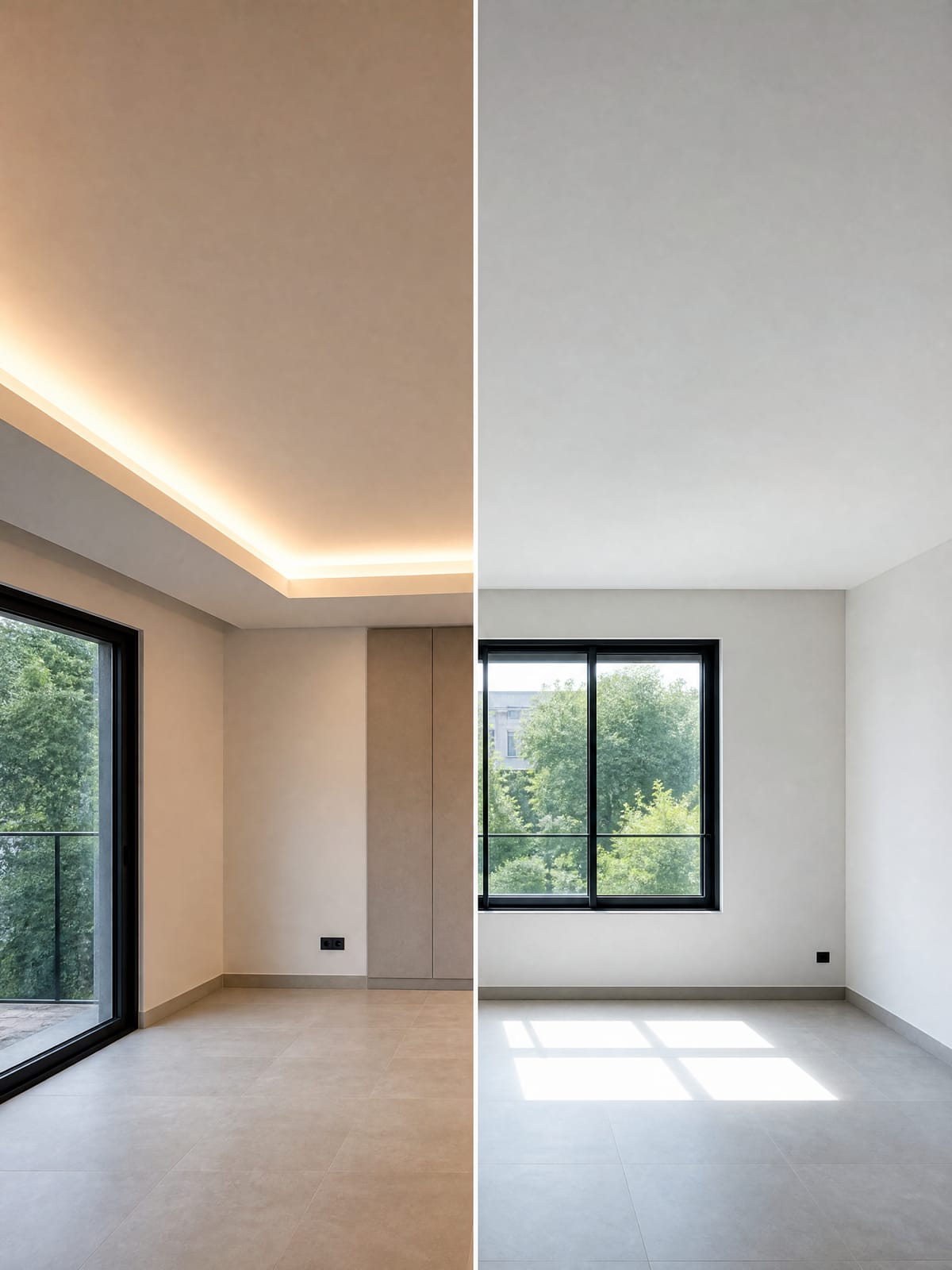 L-box ceiling versus flat plaster ceiling Side-by-side comparison of an L-box perimeter lighting trough and a flat plaster ceiling