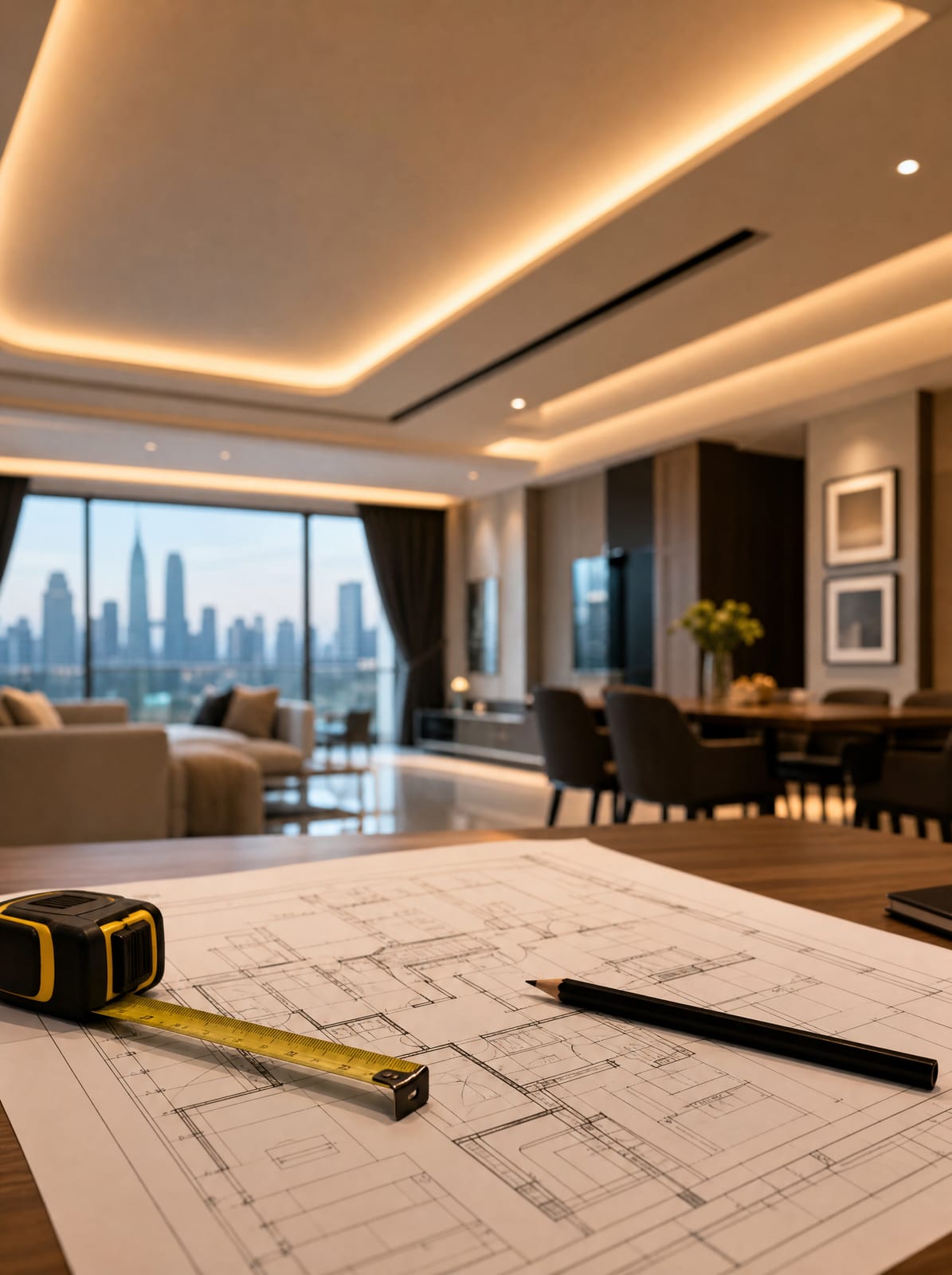 Plaster ceiling quote and site visit in Kuala Lumpur Site-visit floor plan and measuring tools with a finished plaster ceiling visible in a Kuala Lumpur condo