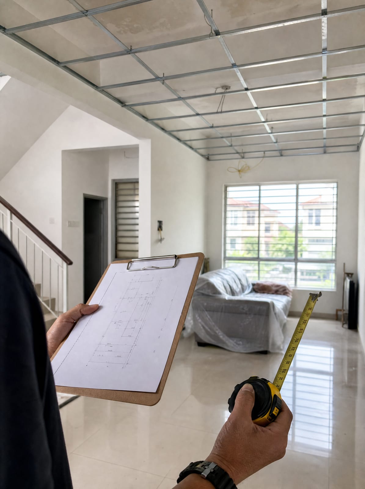 Plaster ceiling site visit and measurement Contractor taking measurements during a plaster ceiling site visit in a Selangor home