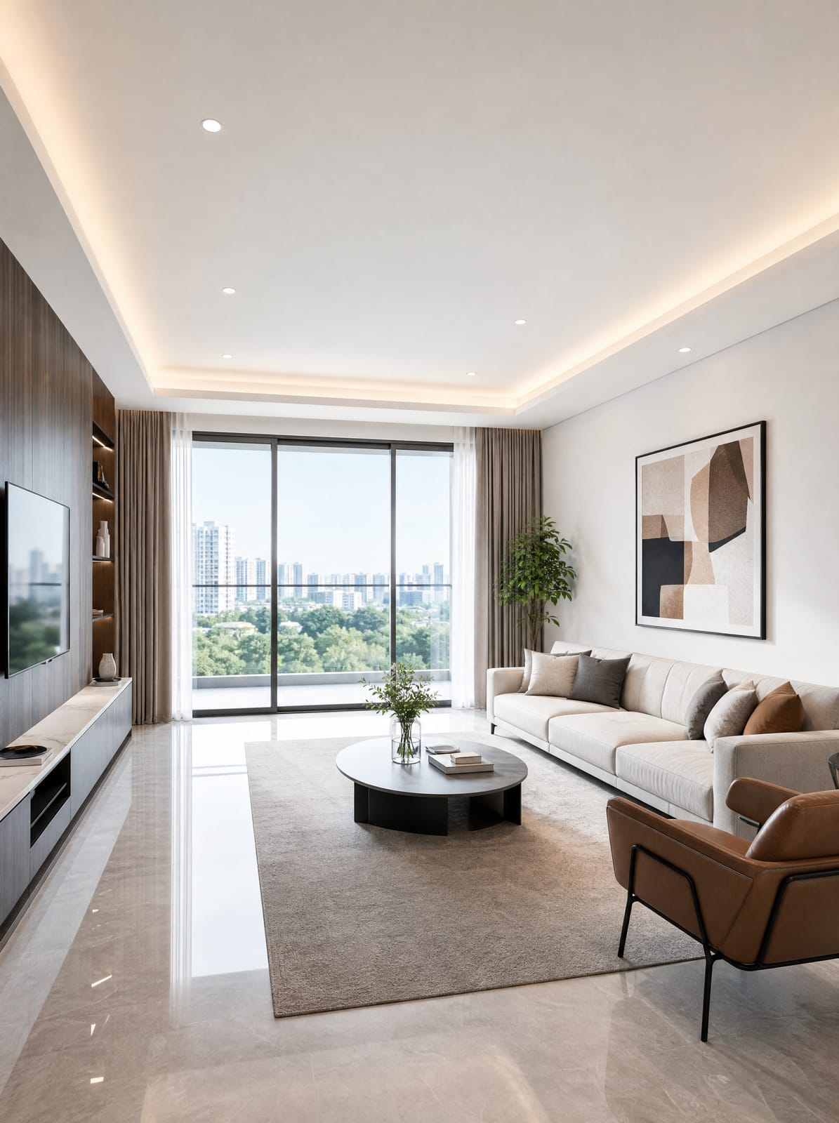 Beautifully finished modern living room with a crisp white plaster ceiling, styled and ready for handover