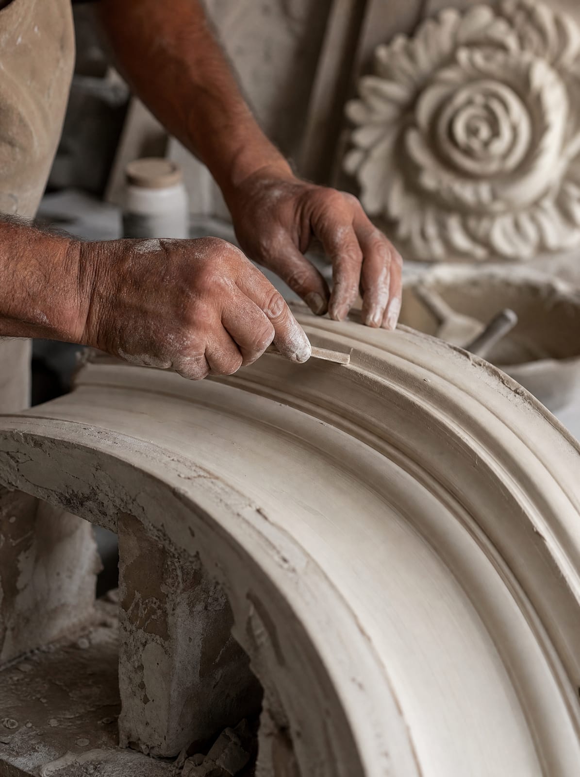 Plasterer's hands hand-finishing a wet cornice mould in the workshop