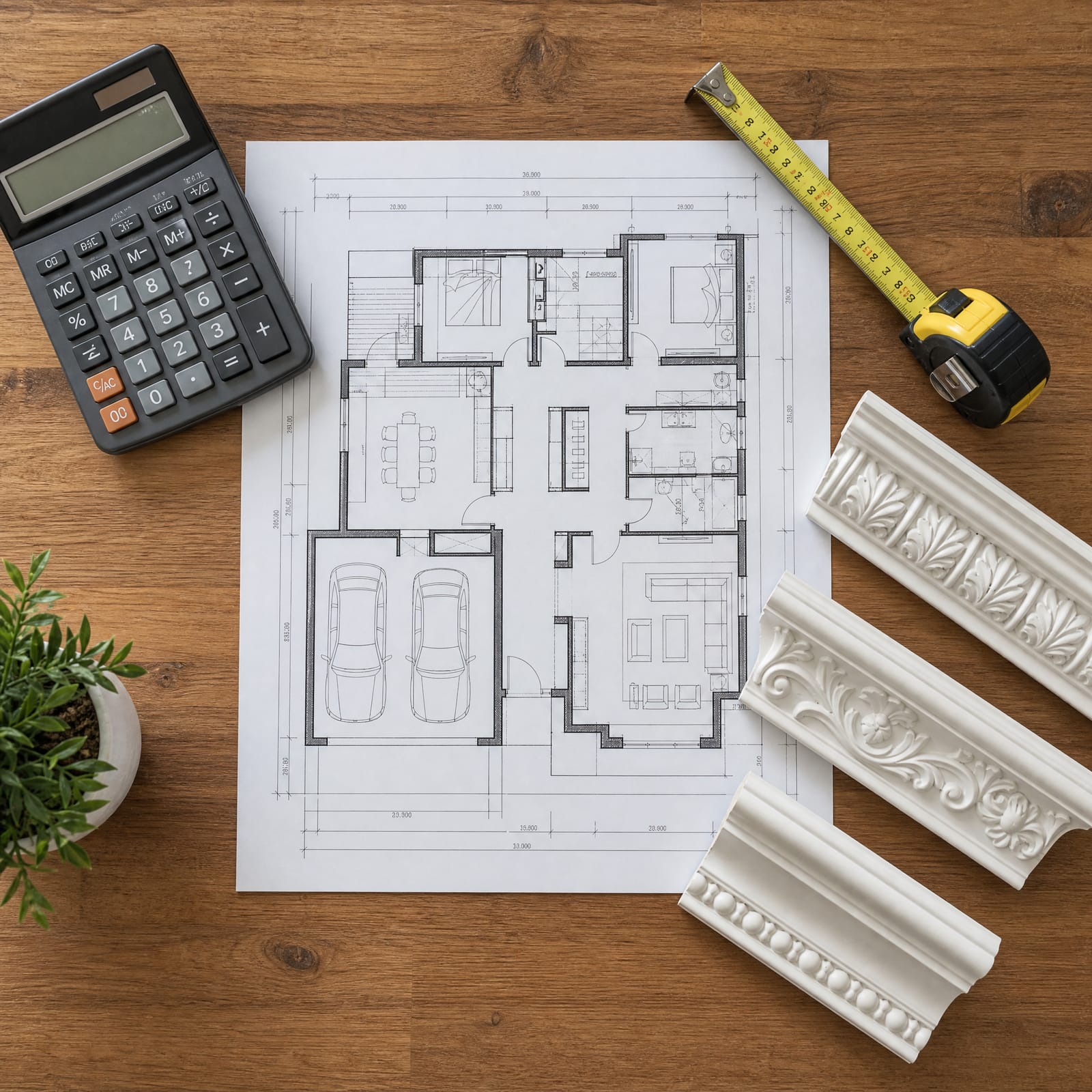 Overhead flat-lay of a floor plan, calculator, measuring tape and plaster cornice samples for project budget planning