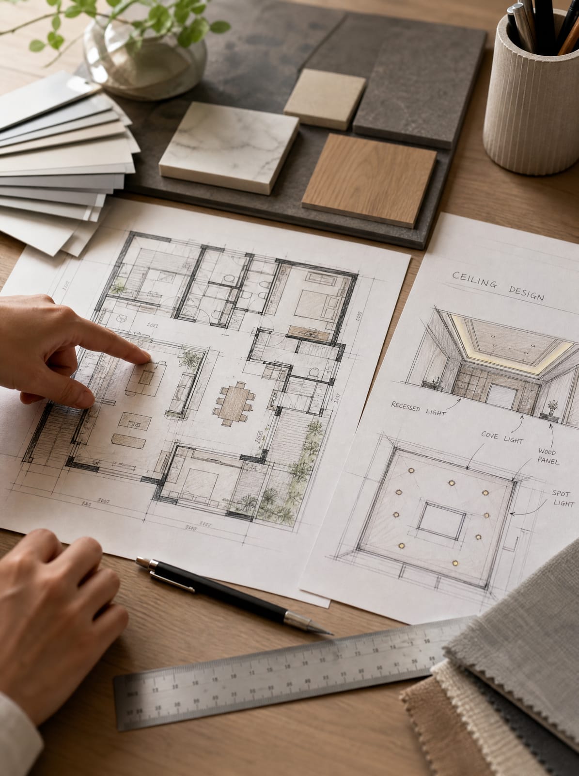 Architectural floor plan and ceiling design sketch laid out on a table during a consultation