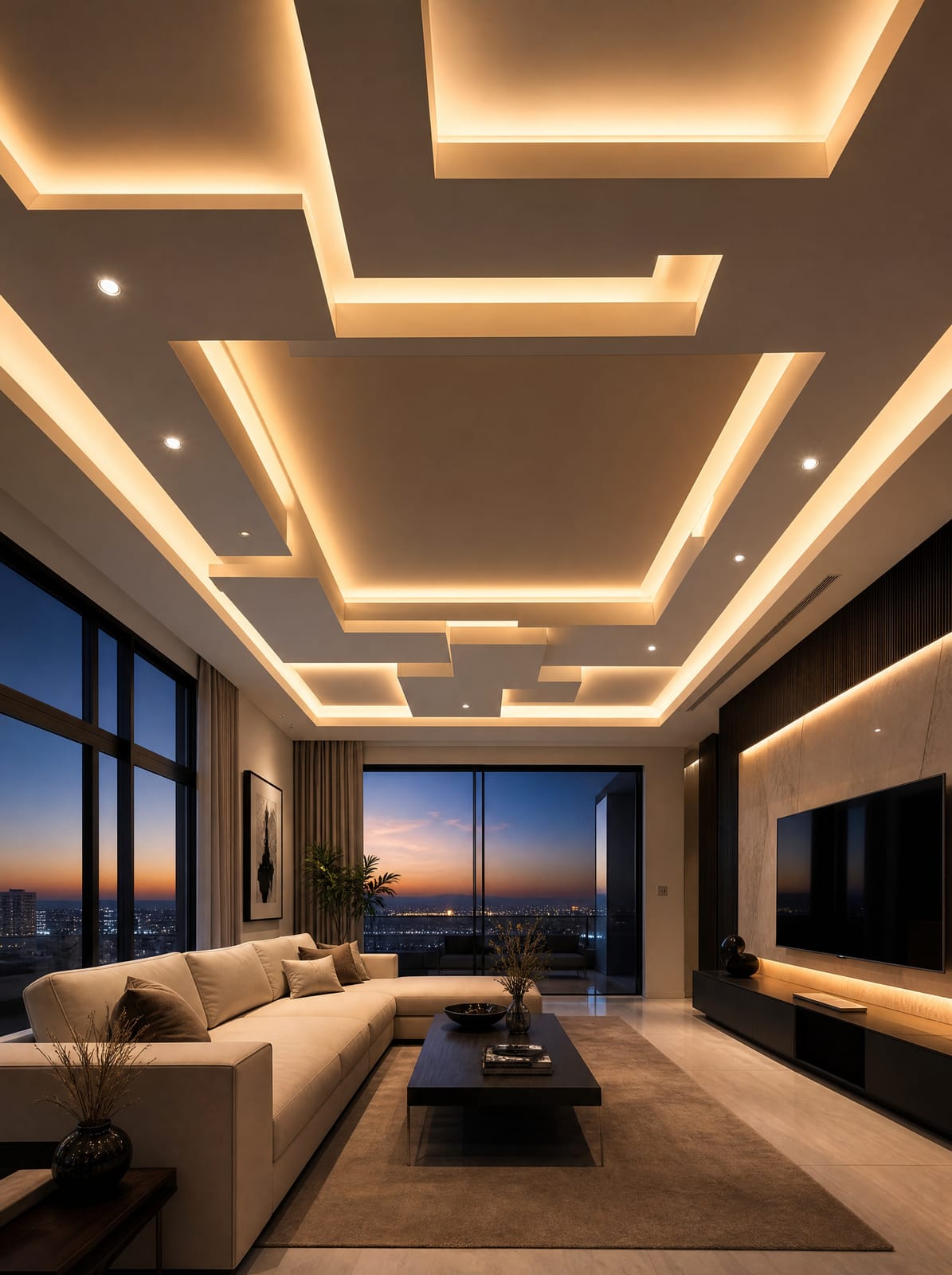 Geometric multi-level feature plaster ceiling with integrated cove lighting glowing at dusk