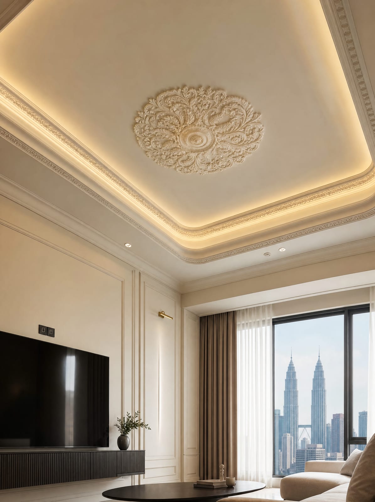 Hand-modelled tray-profile plaster ceiling with cove lighting and a decorative ceiling rose in a Kuala Lumpur living room