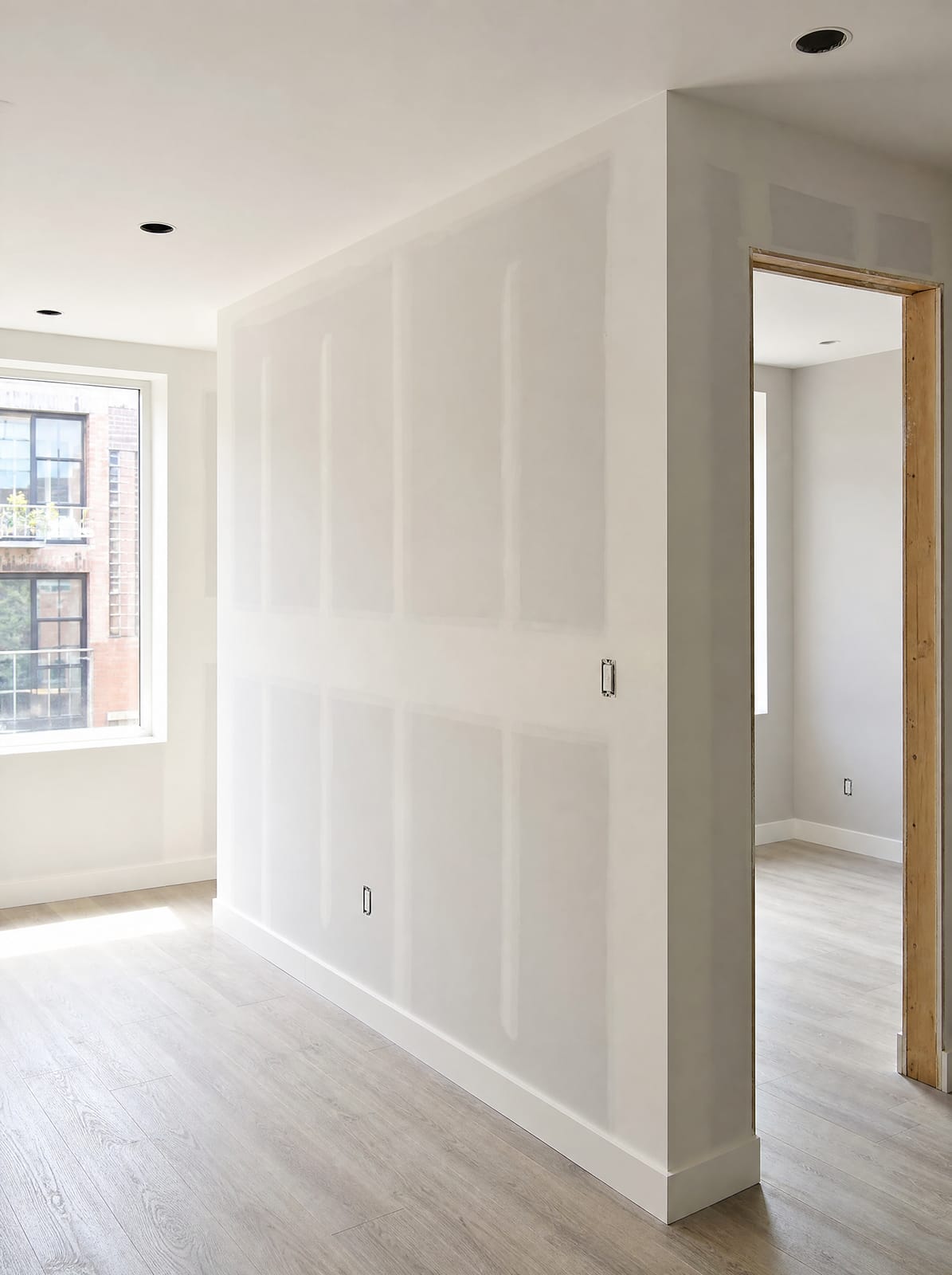 Newly installed drywall partition wall with smooth taped and skim-coated joints