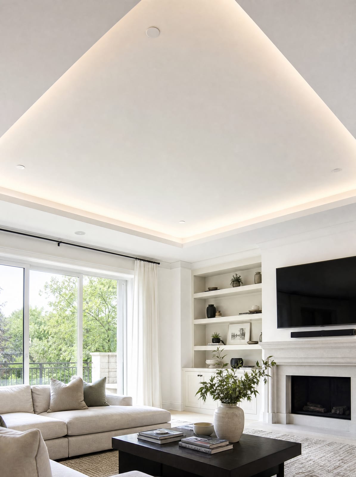 Crisp modern tray-profile plaster ceiling with cove lighting in a bright contemporary living room