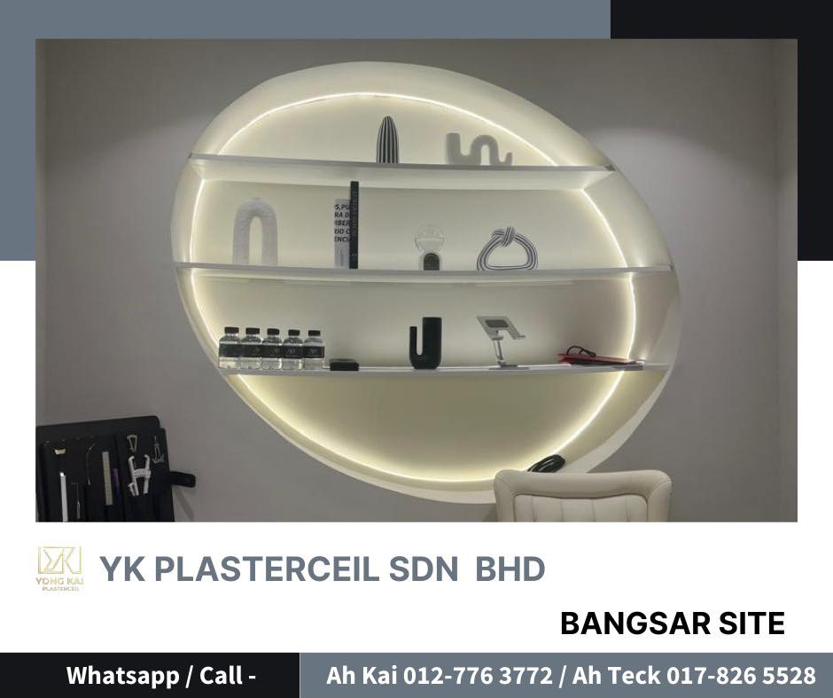 Gallery-style feature shelving Bangsar beauty salon fit-out — backlit organic-shaped display shelving