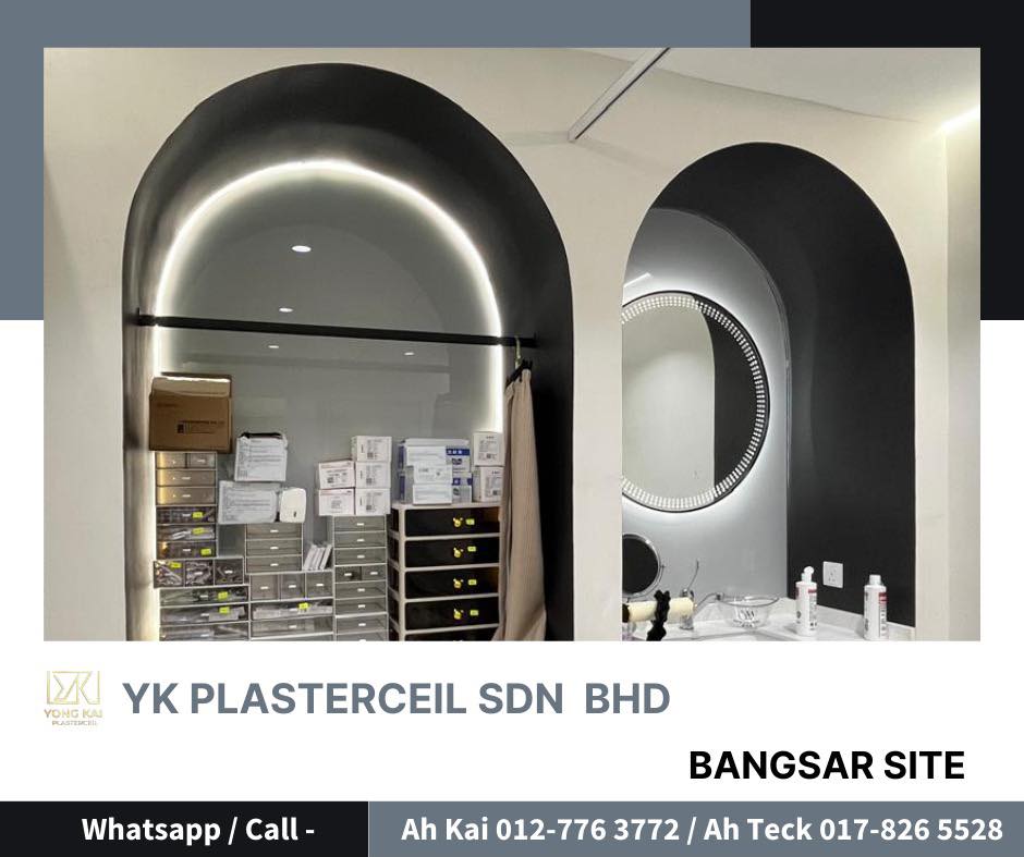 Arched storage nook with LED trim Bangsar beauty salon fit-out — arched storage nook with LED profile trim