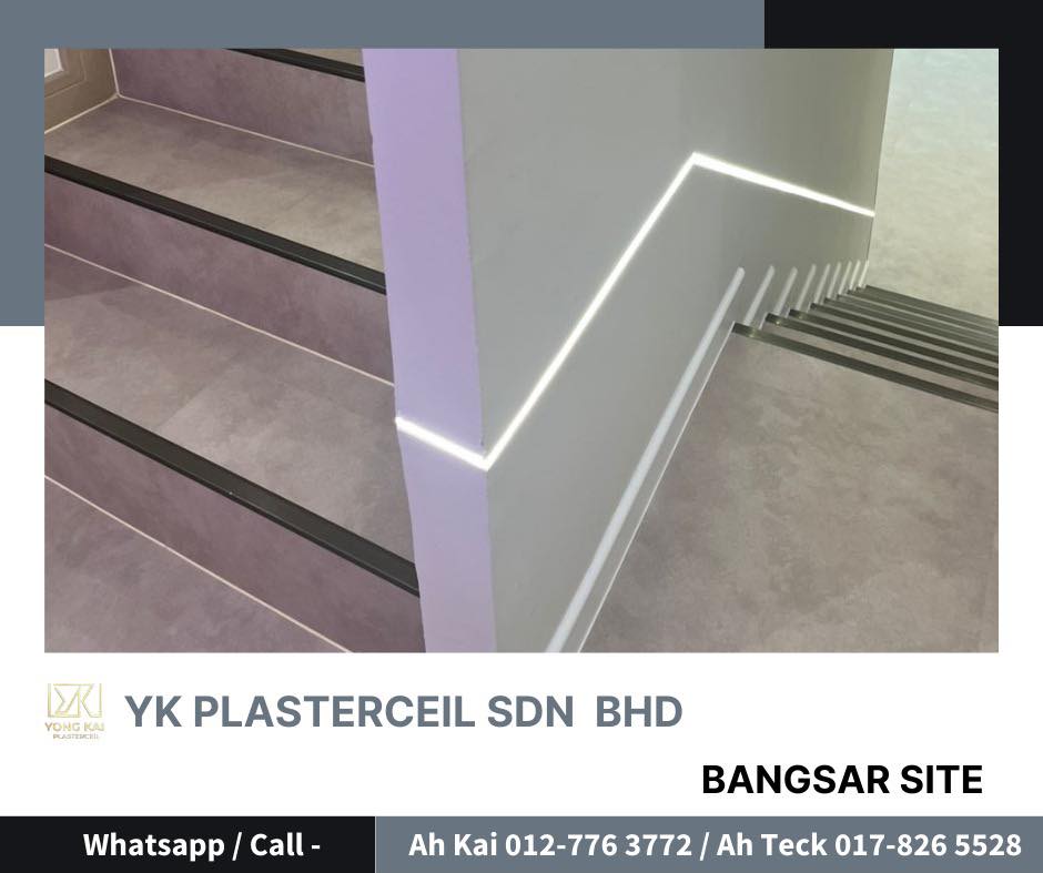 Staircase wall LED profile trim Bangsar beauty salon fit-out — staircase wall with LED profile trim