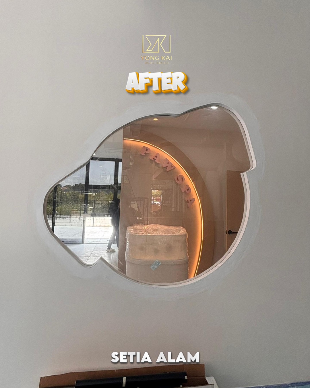 Finished viewport with backlit "Paw Spa" signage Setia Alam Paw Spa fit-out — finished paw-shaped viewport with tempered glass and backlit signage